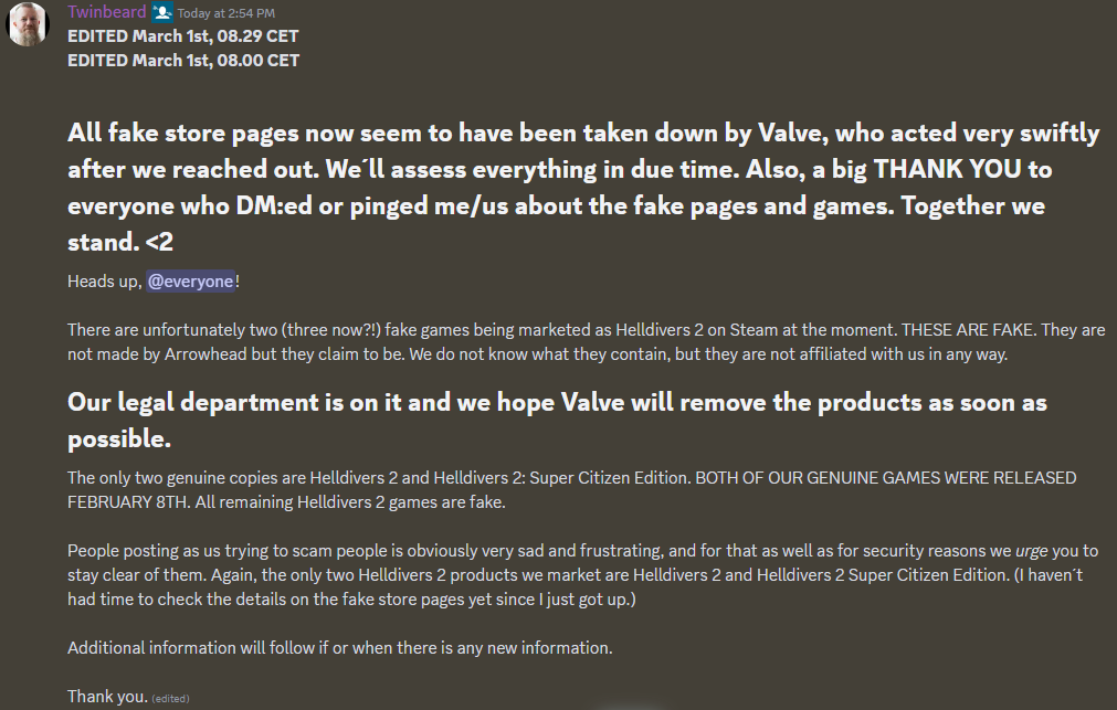 Steam users warned against purchasing fake Helldivers 2 & Palworld copies 2